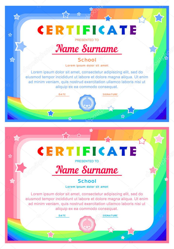 certificate with rainbow, sky and stars in cartoon style (background for children's ads, diploma, certificate, coupon) in two versions for a boy and a girl