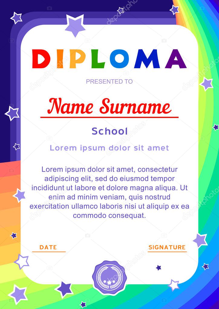 diploma with a rainbow,the sky and stars in a cartoon style(background for baby announcements diploma, certificate, certificate, coupon)