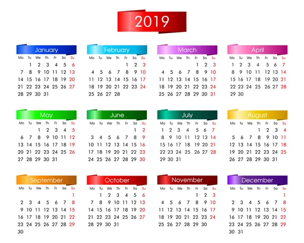 Calendario Anual Para 2019 Con Brillante Bandera Gráficos Información Colores — Archivo Imágenes Vectoriales