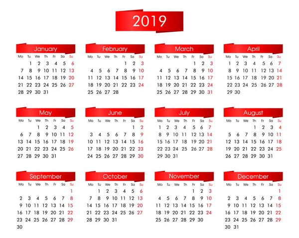 Calendario Para 2019 Con Elementos Infografías Color Escarlata Brillante Semana — Archivo Imágenes Vectoriales