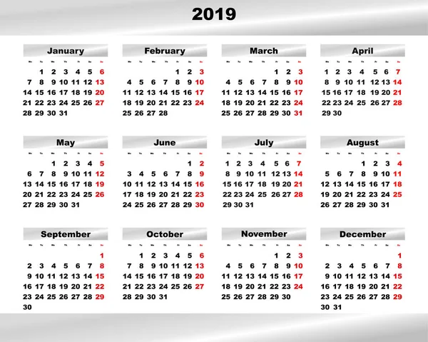Календар 2019 Рік Гарному Дизайні Срібним Дизайном Імен Місяців Тиждень — стоковий вектор