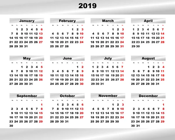 Calendario Para 2019 Diseño Elegante Con Diseño Plateado Los Nombres — Vector de stock