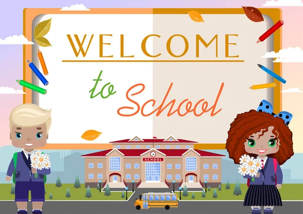 Benvenuta Nella Scuola Annuncio Poster Congratulazioni Inviti Cartoline Sullo Sfondo — Vettoriale Stock
