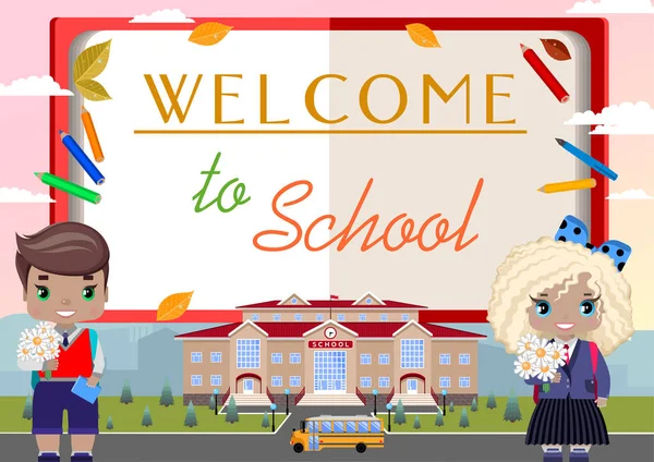 Benvenuta Nella Scuola Annuncio Poster Congratulazioni Inviti Cartoline Sullo Sfondo — Vettoriale Stock