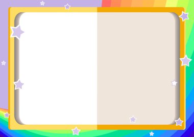 açık bir kitap, gökkuşağı, gökyüzü ve yıldızlar karikatür tarzı (çocuk Duyurular, fotoğraf, diploma, sertifika, kupon için arka plan ile çocuk çerçeve)