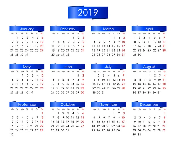 Calendario Anual Para 2019 Año Con Azul Los Gráficos Información — Archivo Imágenes Vectoriales