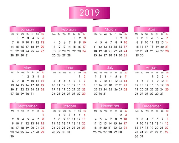 Calendario Anual Para 2019 Año Con Rosa Los Gráficos Información — Archivo Imágenes Vectoriales