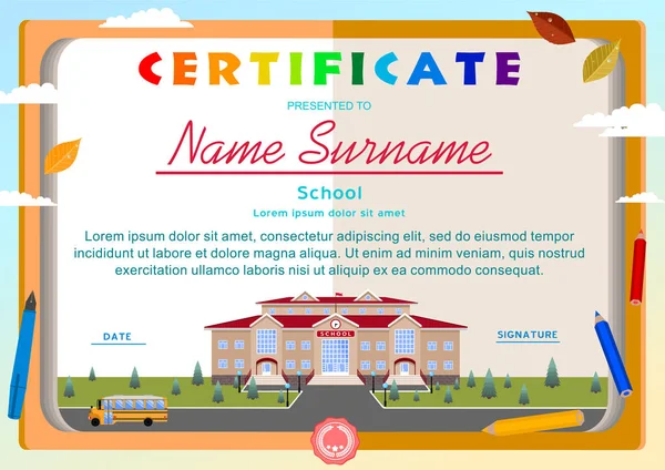 Certificado Infantil Fondo Libro Abierto Edificio Escolar Autobús Útiles Escolares — Archivo Imágenes Vectoriales
