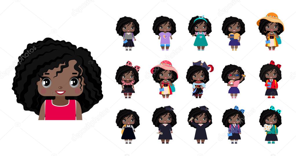 Vector cute little African American girls, with wavy black hair and gray eyes. set with variants of different outfits