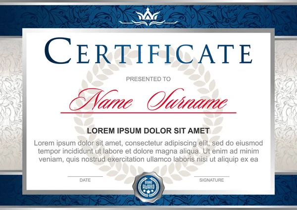 Certificato Stile Ufficiale Solenne Elegante Royal Toni Blu Argento Con — Vettoriale Stock