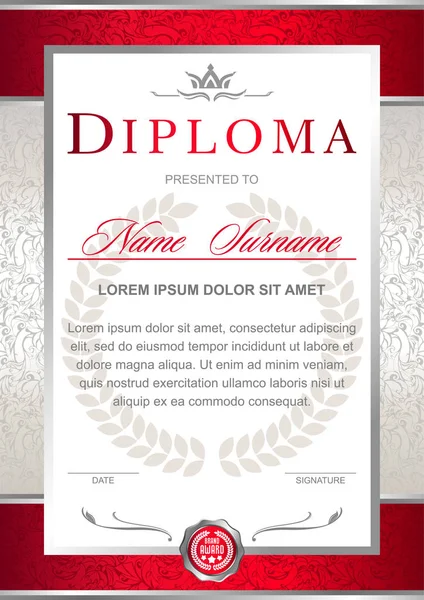 Diploma Stile Ufficiale Solenne Elegante Royal Nei Toni Del Rosso — Vettoriale Stock