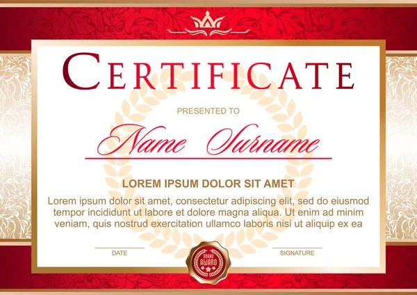 Certificato Stile Ufficiale Solenne Elegante Royal Nei Toni Del Rosso — Vettoriale Stock