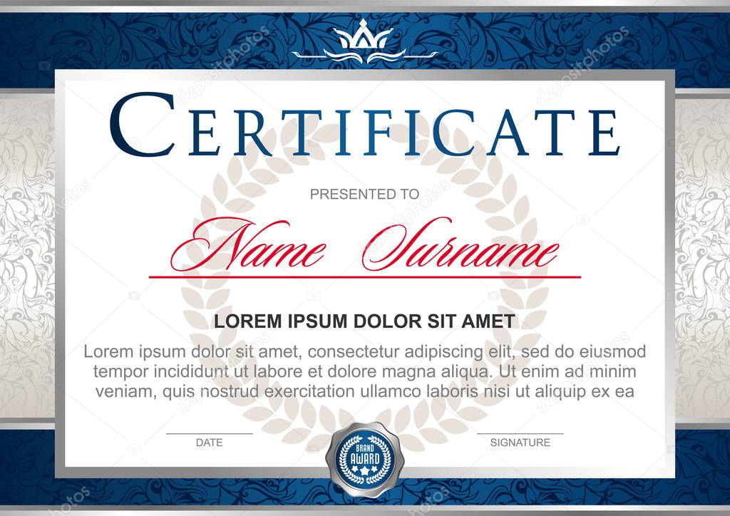 certificate in the official, solemn, elegant, Royal style in blue and silver tones, with the image of the crown