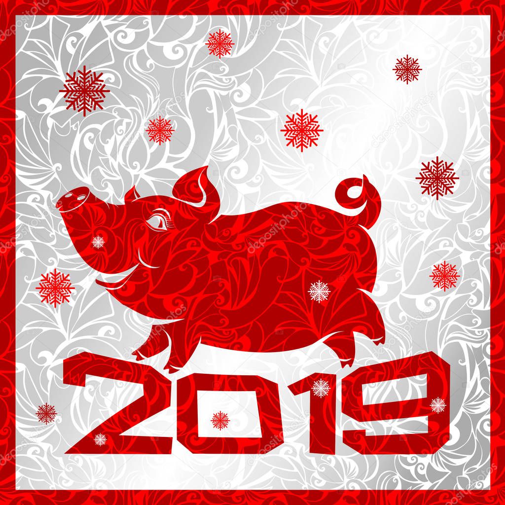 cheerful pig on the inscription 2019, comical image of a well-fed animal with snowflakes, red symbol of the year on a silver background with frosty ice patterns