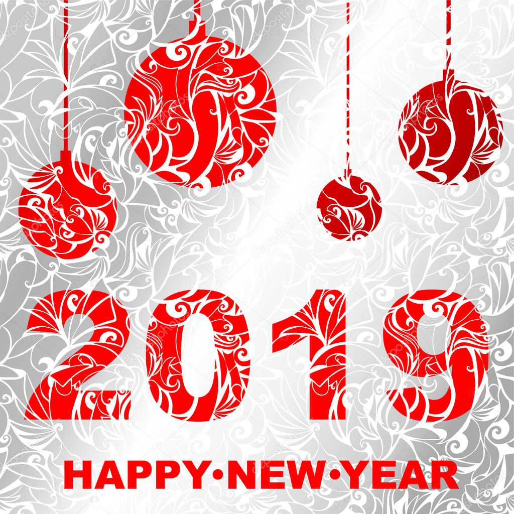 2019 year fishnet red sign with Christmas tree balls on a background of frosty silver patterns (Christmas card)