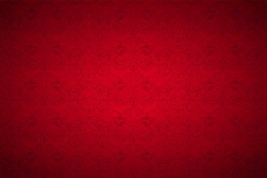 Kırmızı vintage arka plan, Kraliyet desenli klasik barok, Rokoko karanlık kenarları arka plan (kartı, davet, afiş) ile. yatay biçimi