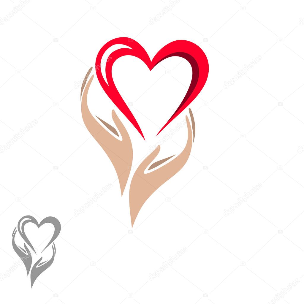 Hands holding the heart. Logo, symbol, symbol in beige red colors and flowing lines