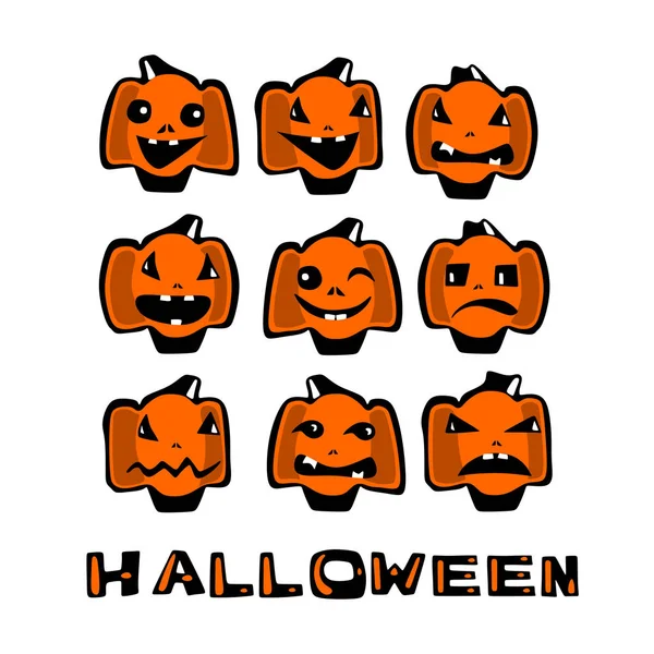 Ensemble Citrouilles Halloween Avec Différentes Émotions Dans Style Bande Dessinée — Image vectorielle