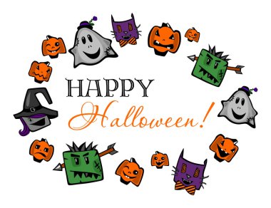 Mutlu Cadılar Bayramı, kabak, zombi, Cadılar, hayaletler ve beyaz arka plan üzerinde kedi ile yazı