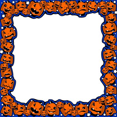 Selamlar, posterler, reklam, satış, kuponlar, çekler, sertifikalar, davetiyeler, el ilanları, kartpostallar için komik karikatür tarzı farklı duygular kabaklar çerçeveyle Cadılar Bayramı