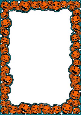Selamlar, posterler, reklam, satış, kuponlar, çekler, sertifikalar, davetiyeler, el ilanları, kartpostallar için komik karikatür tarzı farklı duygular kabaklar çerçeveyle Cadılar Bayramı