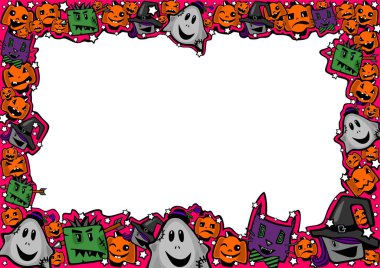 Cadılar Bayramı Cadılar, zombiler, hayaletler, kediler ve kabaklar selamlar, posterler, ilanları, satış, kuponlar, çekler, sertifikalar, davetiyeler, el ilanları, kartları komik karikatür tarzı çerçeveli