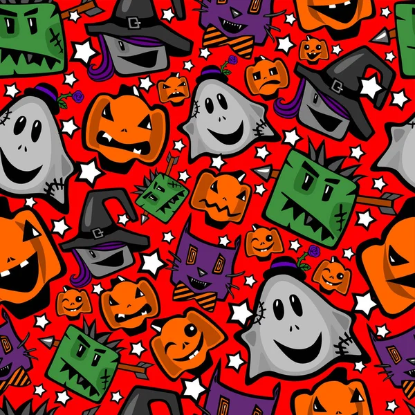 Halloween Textura Perfecta Fondo Con Brujas Zombies Fantasma Gatos Calabazas — Archivo Imágenes Vectoriales