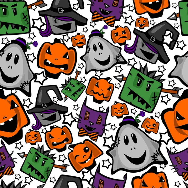 Halloween Naadloze Textuur Achtergrond Met Heksen Zombies Ghost Katten Pompoenen — Stockvector