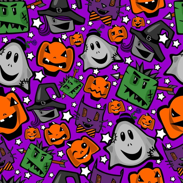Halloween Seamless Texture Background Witches Zombies Ghost Cats Pumpkins Comical — Stock Vector