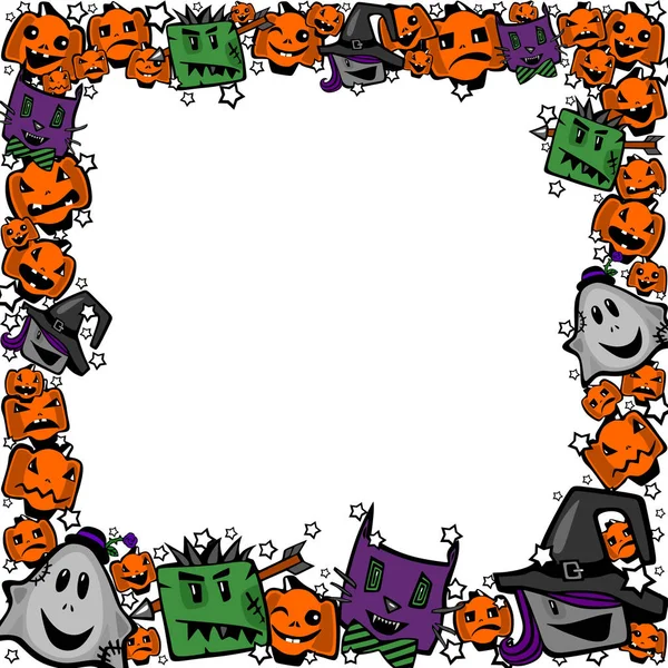 Halloween Snímek Čarodějnic Zombie Duchové Kočky Dýně Komické Kreslený Styl — Stockový vektor