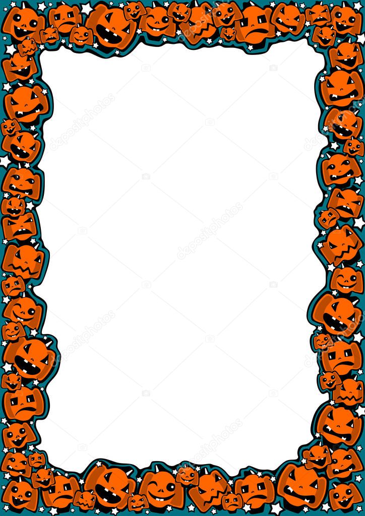Halloween frame with pumpkins of different emotions in a comical cartoon style for greetings, posters, ads, sales, coupons, checks, certificates, invitations, flyers, postcards