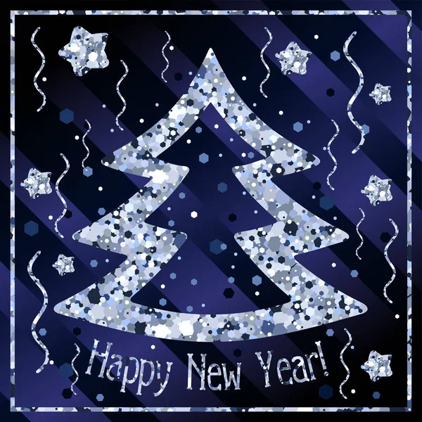 Happy New Year Congratulations Christmas Tree Stars Silver Confetti Dark — Stock Vector