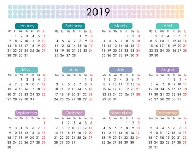 minimalist bir geometrik tarzı ve hafif pastel tonları parlak neon renklerin 2019 yıllık takvim