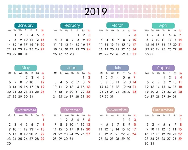 Calendario Anual 2019 Estilo Geométrico Minimalista Tonos Pastel Claros Colores — Archivo Imágenes Vectoriales