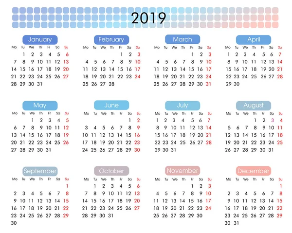 Calendario Anual 2019 Estilo Geométrico Minimalista Tonos Pastel Claros Colores — Archivo Imágenes Vectoriales