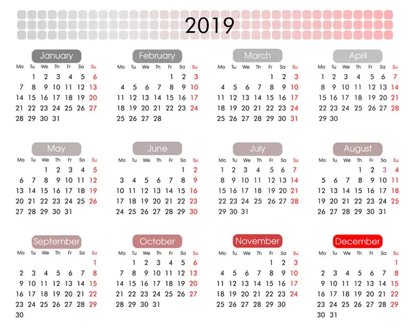 Calendario Anual 2019 Estilo Geométrico Minimalista Tonos Gris Rojo — Archivo Imágenes Vectoriales