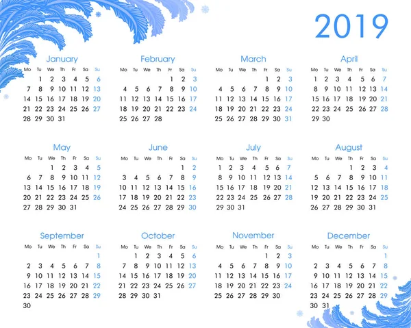 Calendario Anual 2019 Con Patrones Helados Las Esquinas Sobre Fondo — Archivo Imágenes Vectoriales
