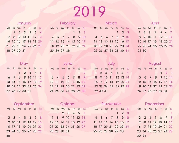 Ежегодный Календарь 2019 Года Фоне Тонкой Розовой Розы — стоковый вектор