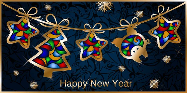 Sertés Szimbólum 2019 Karácsonyi Üdvözlőlap Girland Karácsonyi Fák Csillagok Ólomüveg — Stock Vector