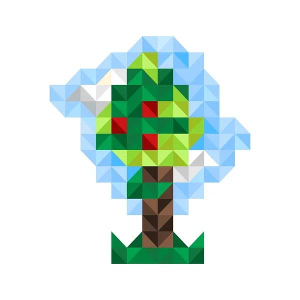 Abstrakta Mosaik Träd Med Blå Himmel Moln Gräs Och Äpplen — Stock vektor
