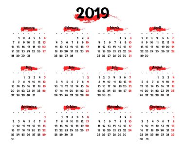 yıllık takvim 2019 vurgulayarak öğeleri, sanatsal çizgi etkisi, fırça darbeleri kırmızı ile beyaz bir arka plan üzerinde için. vektör eps 10