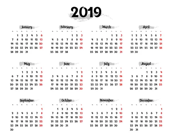 Jahreskalender Für 2019 Auf Weißem Hintergrund Mit Grauen Hervorhebungselementen Künstlerischem — Stockvektor