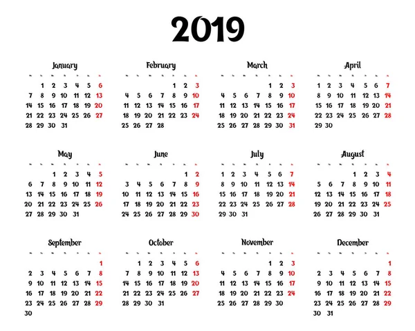 Calendario Anual Para 2019 Sobre Fondo Blanco Vector Eps — Archivo Imágenes Vectoriales