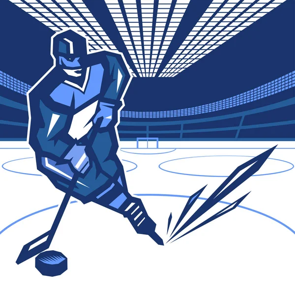 Hockey Player Move Puck Stick Hockey Arena Color Image Blue — Stock Vector