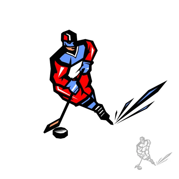 Joueur Hockey Mouvement Avec Une Rondelle Bâton Emblème Couleur Rouge — Image vectorielle