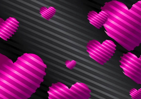 浪漫的背景与粉红色 紫色的心在黑色背景与丝绸条纹 矢量插图 Eps — 图库矢量图片