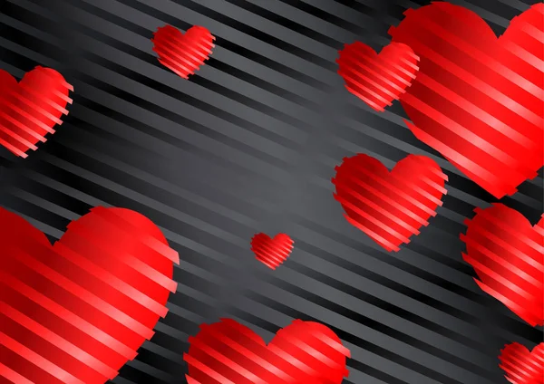 Ρομαντικό Υπόβαθρο Κόκκινες Καρδιές Μαύρο Φόντο Μετάξι Ρίγες Ταπετσαρία Vector — Διανυσματικό Αρχείο
