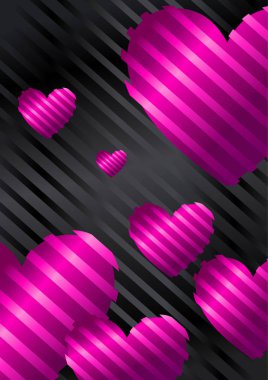 Romantik arka plan siyah bir arka plan duvar kağıdı ipek çizgili pembe, mor kalp. vektör çizim eps 10