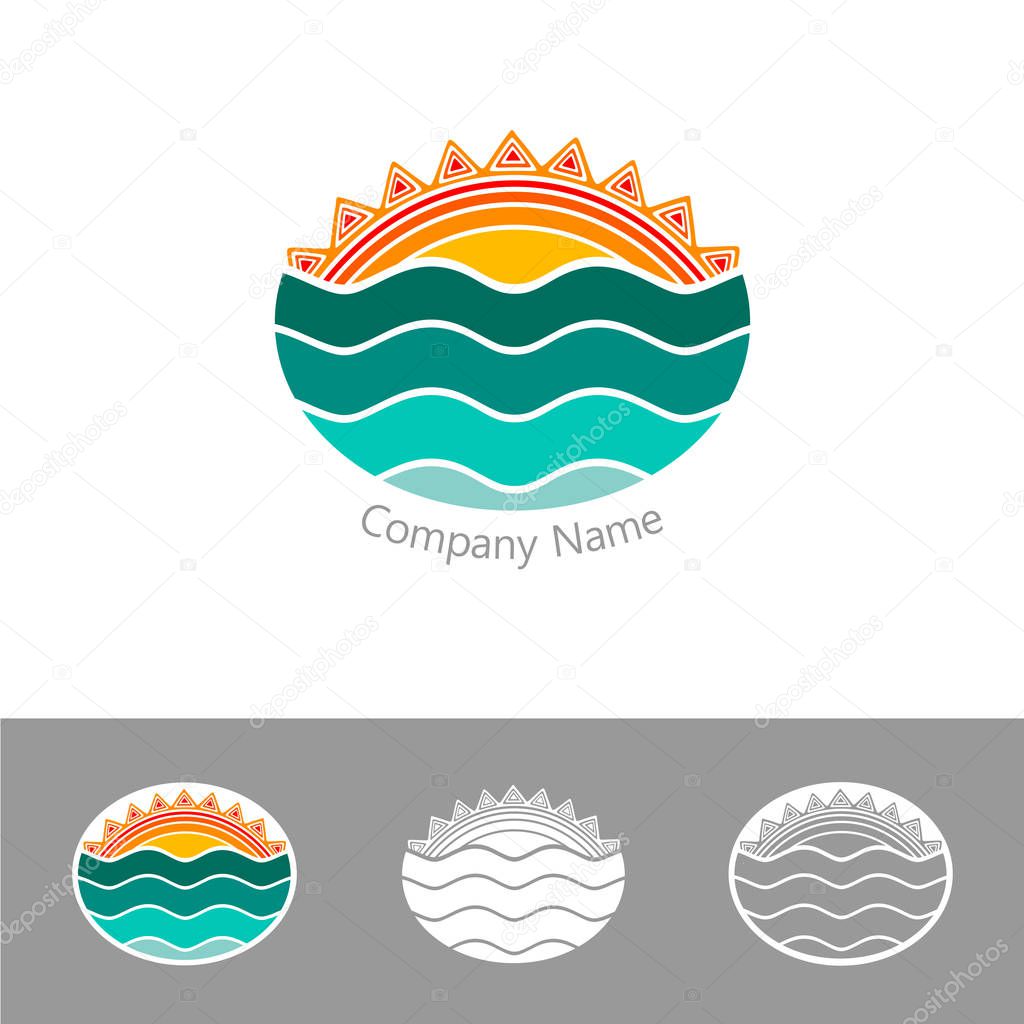 sun and sea, color logo (emblem) in ethnic decorative style and bright colors, vector eps 10 illustration