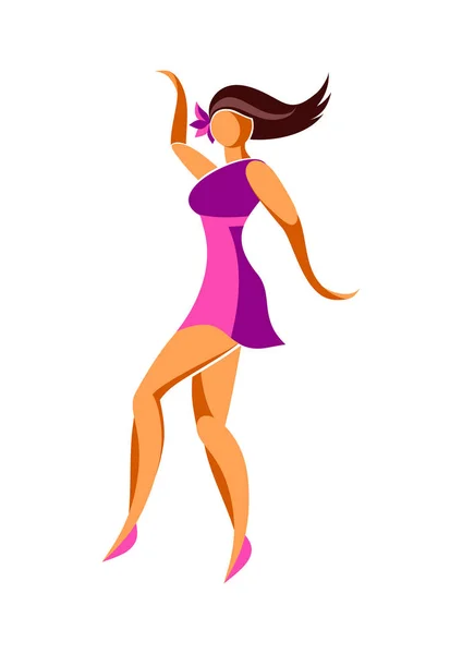 Dancing Young Slim Woman Flower Her Hair Short Pink Dress — Stock Vector